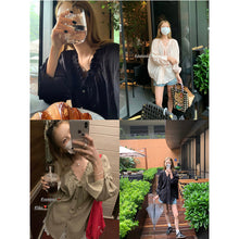 將圖片載入圖庫檢視器 JMA-697 实拍 2023夏季新款法式木耳边抽绳V领长袖衬衫女慵懒薄款防晒上衣