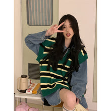 將圖片載入圖庫檢視器 JMA-028 实拍 秋冬季新款韩版百搭宽松V领叠穿外塔条纹开叉针织马甲女
