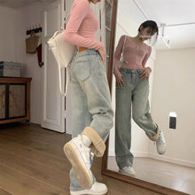 將圖片載入圖庫檢視器 JMA-891 实拍 秋冬浅蓝色宽松加绒加厚直筒牛仔裤女厚绒牛仔裤拖地裤长裤