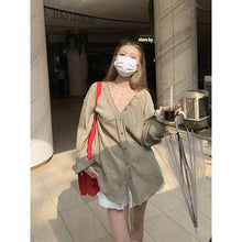 將圖片載入圖庫檢視器 JMA-697 实拍 2023夏季新款法式木耳边抽绳V领长袖衬衫女慵懒薄款防晒上衣
