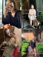 將圖片載入圖庫檢視器 JMA-697 实拍 2023夏季新款法式木耳边抽绳V领长袖衬衫女慵懒薄款防晒上衣