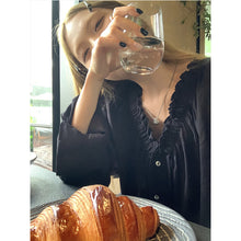 將圖片載入圖庫檢視器 JMA-697 实拍 2023夏季新款法式木耳边抽绳V领长袖衬衫女慵懒薄款防晒上衣