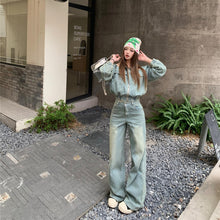 將圖片載入圖庫檢視器 JMA-985 实拍 秋冬伦敦假期时髦复古羊羔毛翻领街头感十足加绒牛仔套装