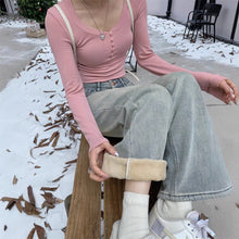 將圖片載入圖庫檢視器 JMA-891 实拍 秋冬浅蓝色宽松加绒加厚直筒牛仔裤女厚绒牛仔裤拖地裤长裤