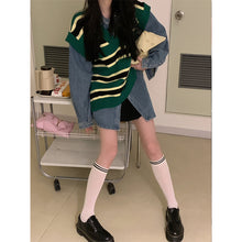 將圖片載入圖庫檢視器 JMA-028 实拍 秋冬季新款韩版百搭宽松V领叠穿外塔条纹开叉针织马甲女