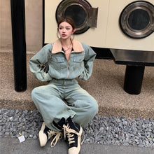 將圖片載入圖庫檢視器 JMA-985 实拍 秋冬伦敦假期时髦复古羊羔毛翻领街头感十足加绒牛仔套装