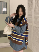 將圖片載入圖庫檢視器 JMA-028 实拍 秋冬季新款韩版百搭宽松V领叠穿外塔条纹开叉针织马甲女