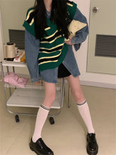 將圖片載入圖庫檢視器 JMA-028 实拍 秋冬季新款韩版百搭宽松V领叠穿外塔条纹开叉针织马甲女