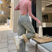 將圖片載入圖庫檢視器 JMA-891 实拍 秋冬浅蓝色宽松加绒加厚直筒牛仔裤女厚绒牛仔裤拖地裤长裤