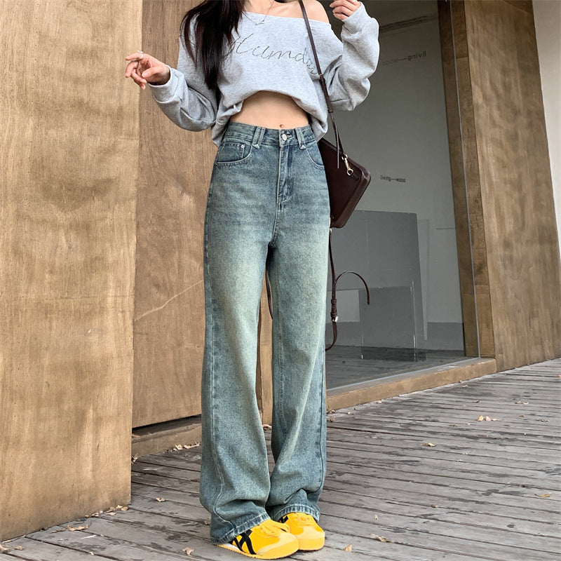 JMA-992 实拍 秋冬新款韩版高腰宽松蓝色直筒牛仔裤女拖地裤长裤子潮
