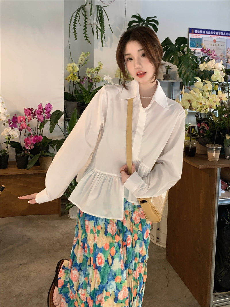 CXFS1911 春季法式桔梗白色長袖襯衫復古氛圍感花色半身裙子 兩件套女
