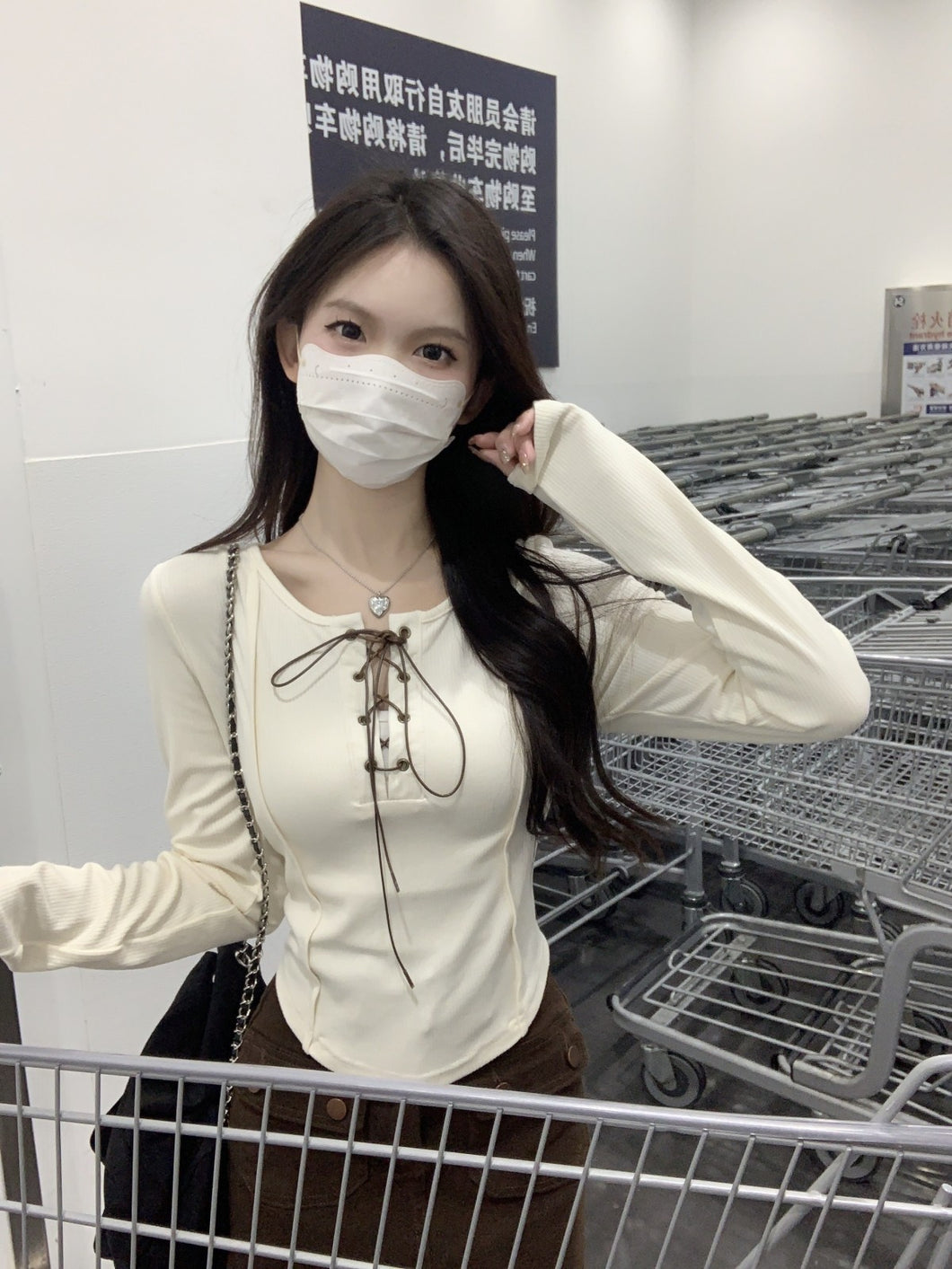 JMA-738 新款韩版纯欲风绑带设计感修身内搭长袖T恤女上衣潮
