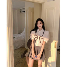 將圖片載入圖庫檢視器 BBJ2177 少女蝴蝶結短上衣夏季蕾絲花邊假兩件白色短袖襯衫+百褶裙 兩件套女
