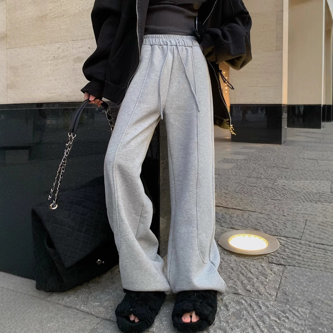 JMA-987 实拍 韩版加绒加厚口袋卫裤冬季系带高腰运动直筒休闲阔腿裤子女