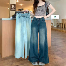 將圖片載入圖庫檢視器 JMA-1045 美式复古水洗毛边阔腿牛仔裤女秋季新款高腰a字百搭宽松拖地长裤

