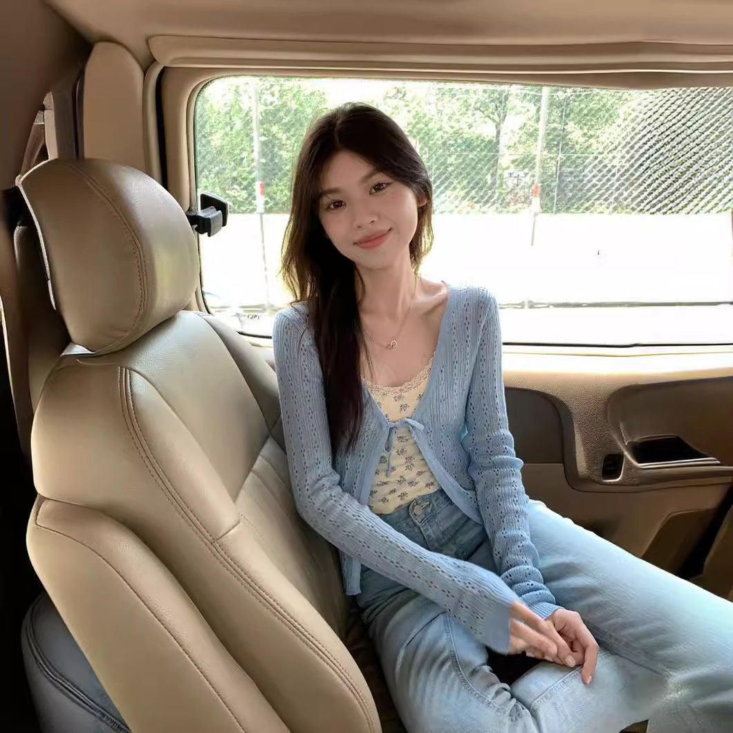 JMA-837 实拍 春季气质清纯镂空长袖开衫外套女v领系带薄款针织外穿上衣潮