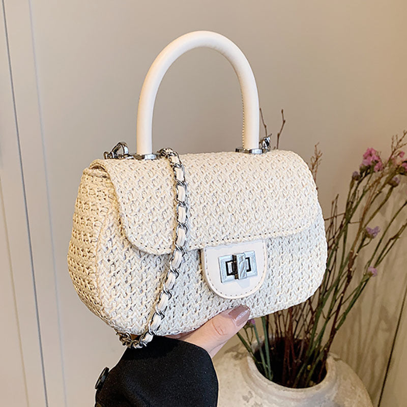 JM-1439 百搭ins斜挎包包女士新款潮时尚韩版链条草编包感马鞍包