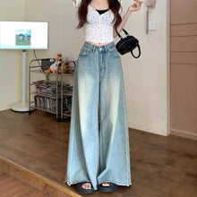 將圖片載入圖庫檢視器 JMA-1045 美式复古水洗毛边阔腿牛仔裤女秋季新款高腰a字百搭宽松拖地长裤
