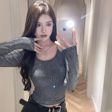 將圖片載入圖庫檢視器 JMA-1056实拍～碎闪星河时尚烫钻设计感长袖修身内搭T恤打底衫上衣女
