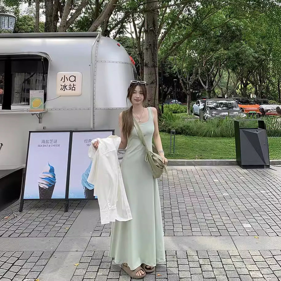 JMA-1032 薄荷曼波温柔风纯色方领吊带连衣裙女夏季收腰气质A字裙显瘦长裙
