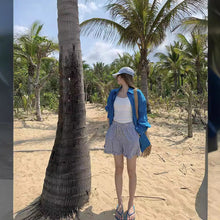 將圖片載入圖庫檢視器 JMA-838 春季韩版宽松长袖衬衫+内搭吊带背心+条纹木耳边松紧腰短裤三件套
