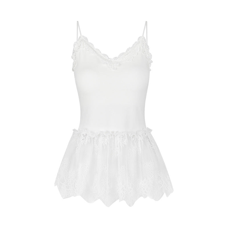 JMA-1041 实拍 春夏韩系叠穿白色V领蕾丝吊带背心女荷叶边屁帘无袖上衣