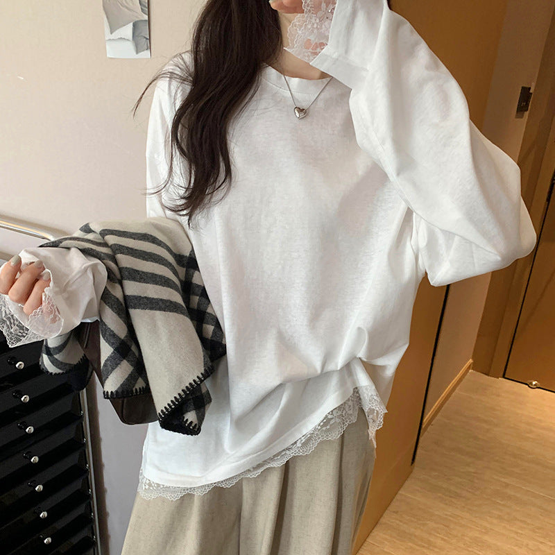JMA-1027实拍 高级感蕾丝拼接白色内搭打底衫女2025春季高级感纯欲长袖t恤JMA-1030