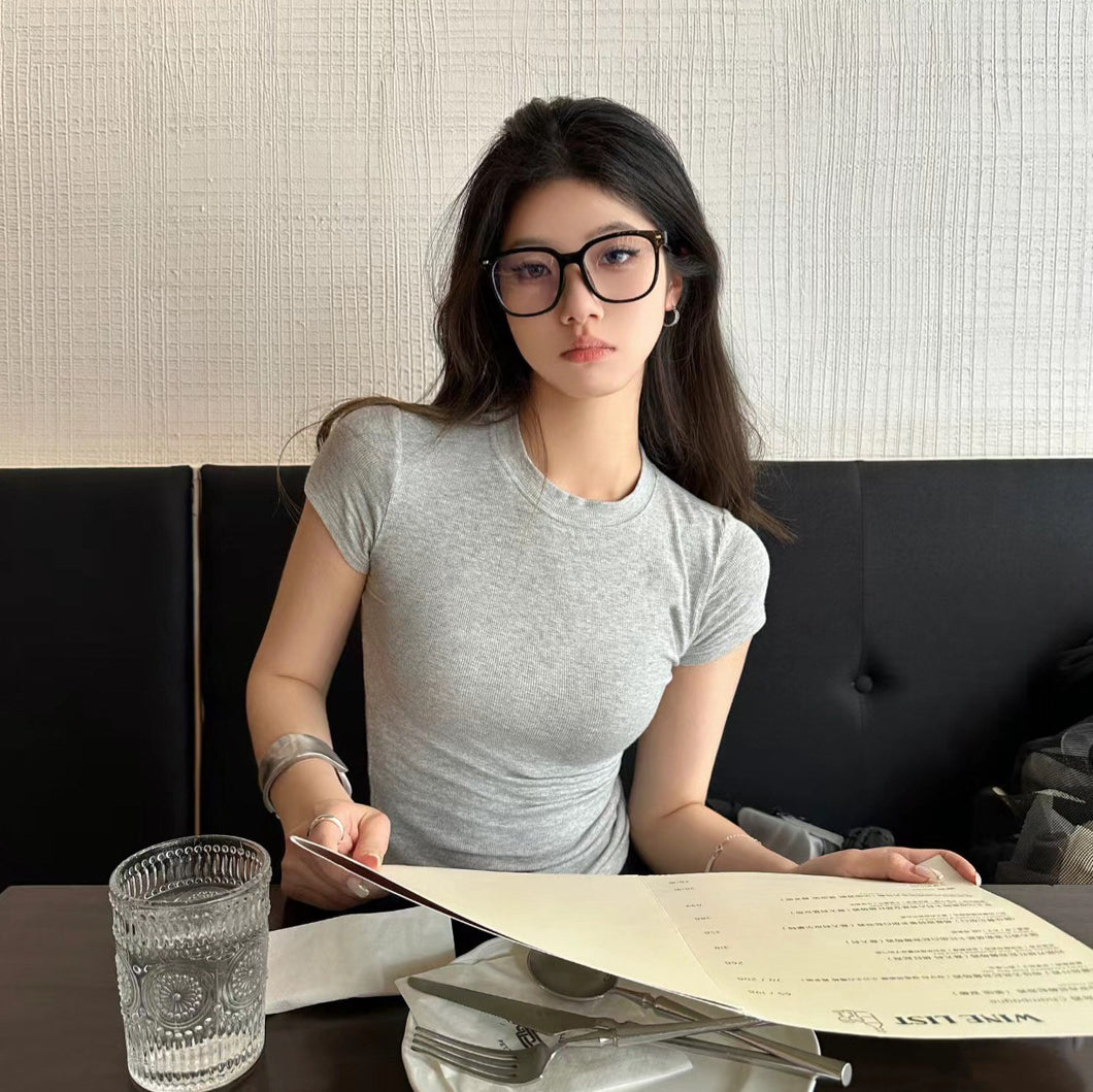 JMA-795 款辣妹修身圆领纯色正肩短袖T恤女百搭紧身上衣潮