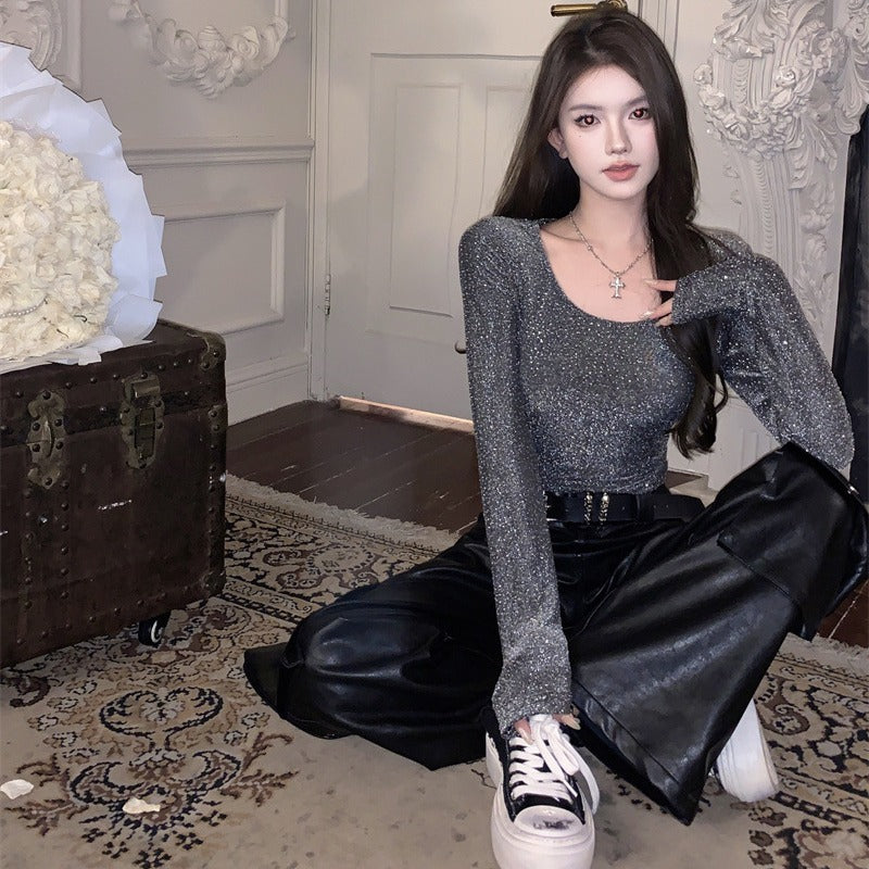 JMA-1056实拍～碎闪星河时尚烫钻设计感长袖修身内搭T恤打底衫上衣女