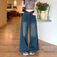將圖片載入圖庫檢視器 JMA-1045 美式复古水洗毛边阔腿牛仔裤女秋季新款高腰a字百搭宽松拖地长裤
