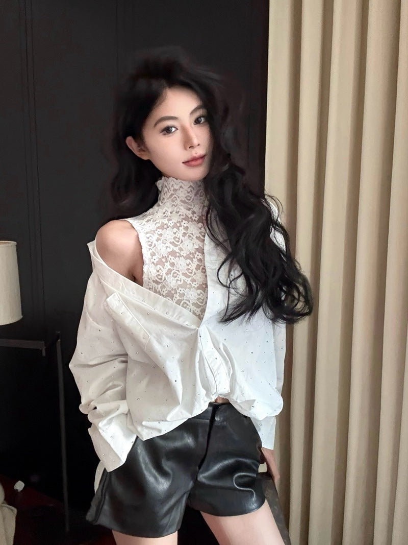 JMA-959 实拍 早春季设计感辣妹风半高领蕾丝衫拼接V领烫钻假两件衬衫上衣