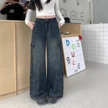 將圖片載入圖庫檢視器 JMA-1022 美式复古阔腿牛仔工装裤女春季新款水洗高腰宽松显瘦直筒拖地裤子JMA-1030
