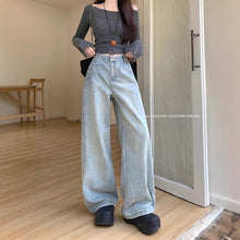 將圖片載入圖庫檢視器 JMA-1038 水洗蓝色宽松阔腿牛仔裤女春季高腰直筒裤拖地裤长裤子
