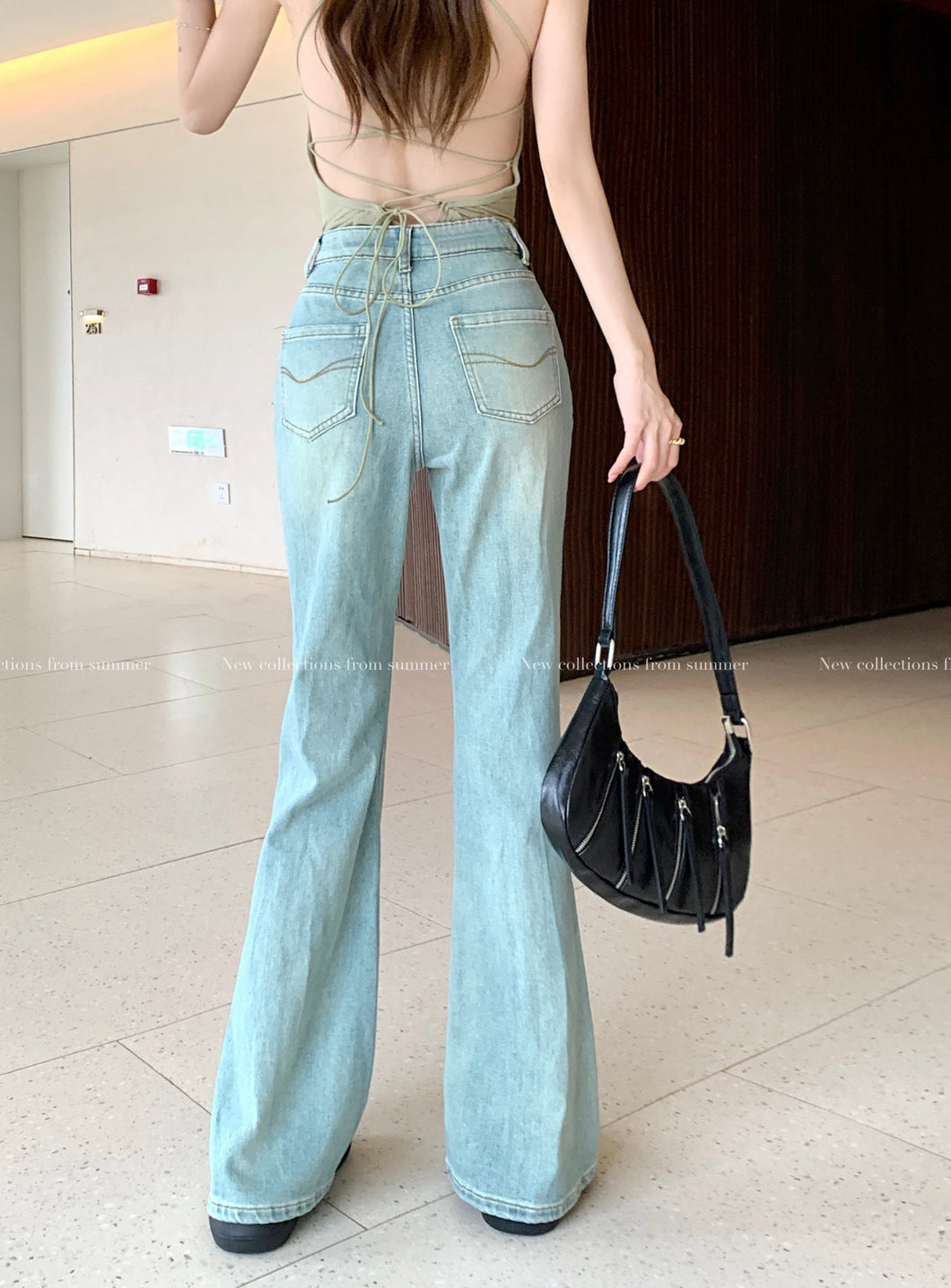 JMA-1005 实拍 春季新款韩版高腰百搭辣妹微喇牛仔裤女拖地裤牛仔长裤