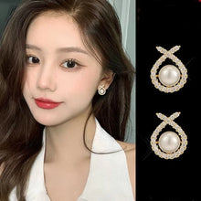 將圖片載入圖庫檢視器 JME-944 s925银针简约小巧珍珠交叉小众耳钉韩国百搭气质耳环少女耳坠耳饰
