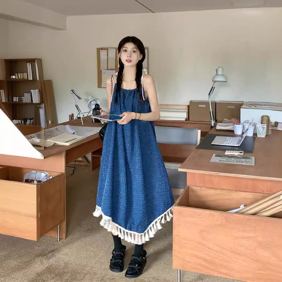 JMA-1049 实拍 夏季俏皮少女韩系chic简约下摆流苏吊带裙度假风牛仔连衣裙