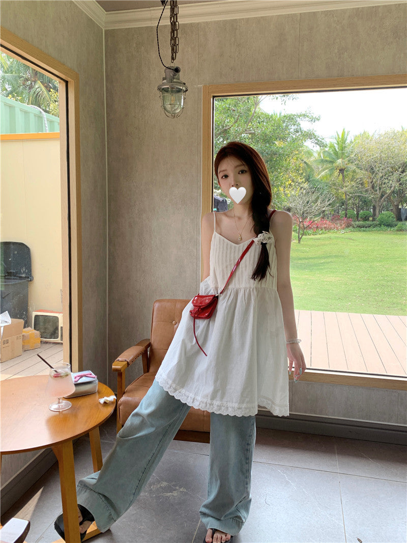 JMA-1046 实拍 夏季新款韩版宽松减龄打条吊带裙花边拼接内搭叠穿吊带裙