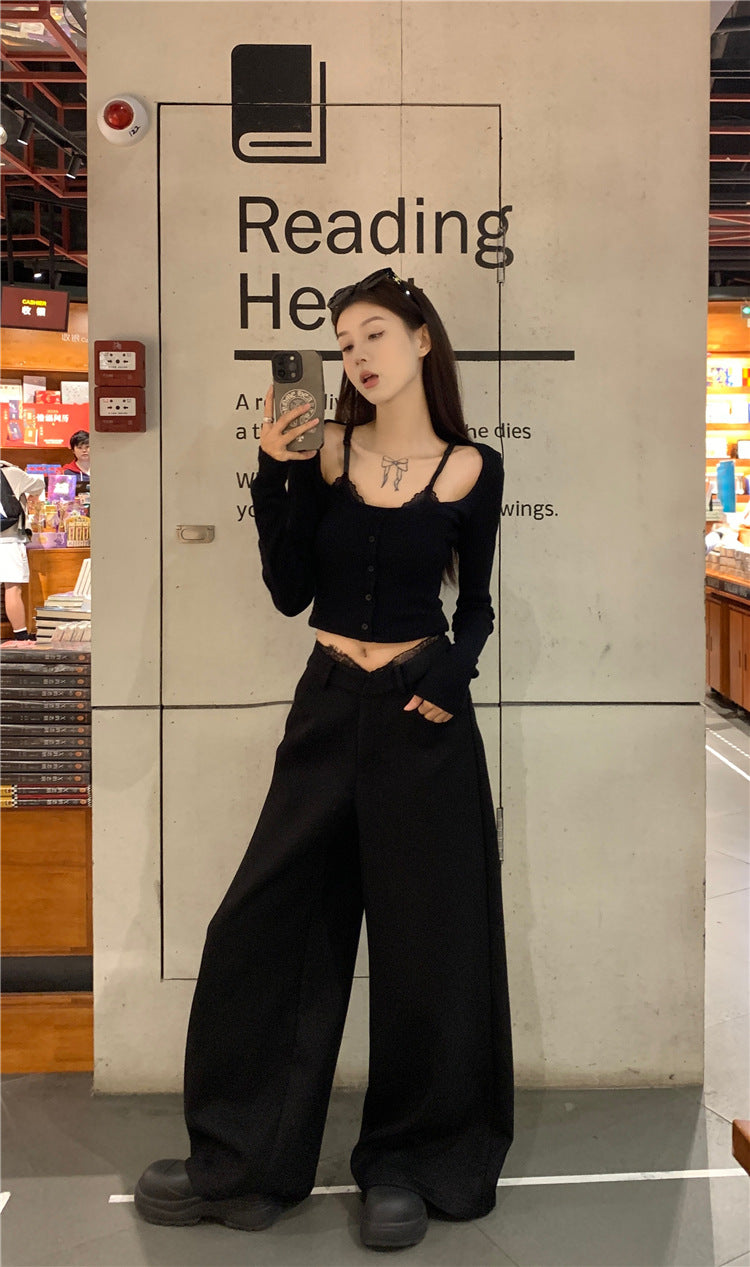 JMA-1050 实拍 春季韩韩版芭蕾风蕾丝拼接打底衫女+蕾丝腰头西装裤套装