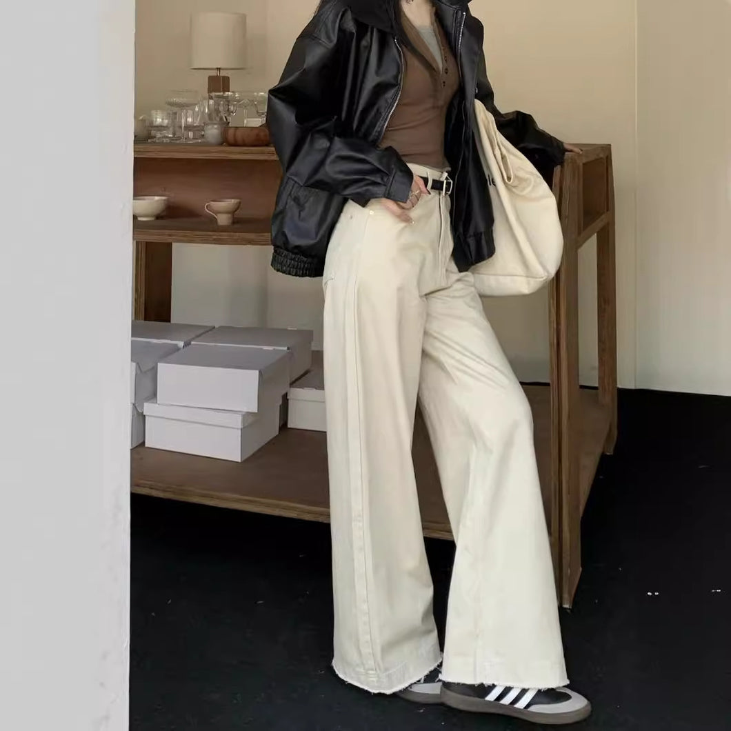 JMA-831 实拍 春季新款韩版米白色窄版阔腿牛仔裤女直筒拖地裤长裤子