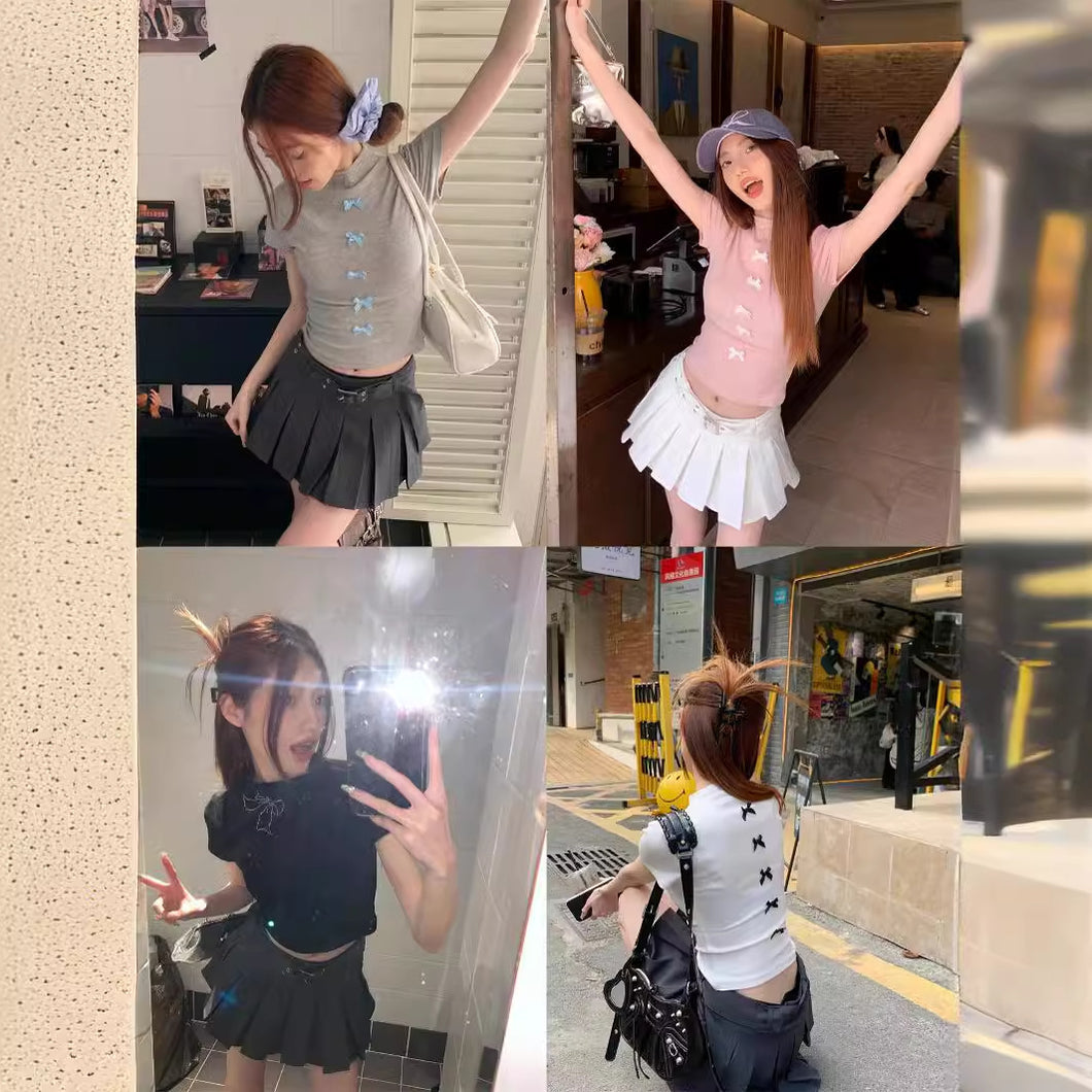 JMA-832 实拍 夏季韩版纯欲甜辣设计感烫钻立体蝴蝶结两穿半高领短袖T恤女