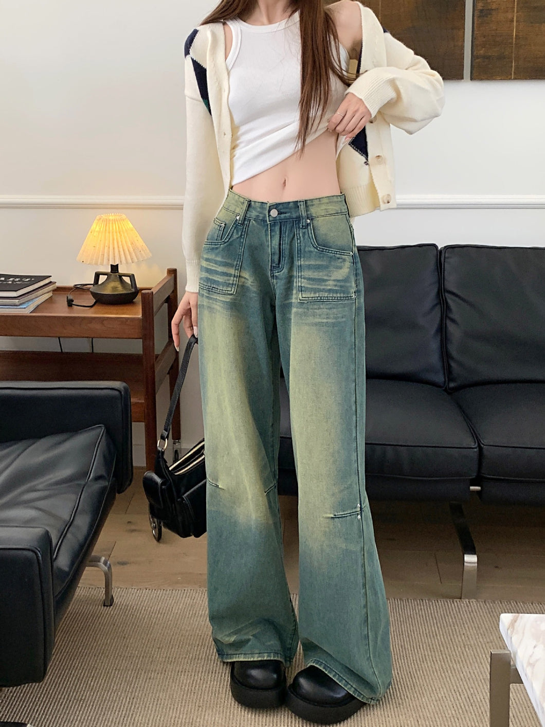 JMA-984 实拍 春季新款美式复古辣妹风做旧直筒牛仔裤女阔腿牛仔长裤