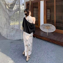 將圖片載入圖庫檢視器 JMA-797 国风新中式复古印花挂脖收腰显瘦旗袍式连衣裙+百搭长袖开衫
