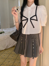 將圖片載入圖庫檢視器 BBJ2177 少女蝴蝶結短上衣夏季蕾絲花邊假兩件白色短袖襯衫+百褶裙 兩件套女
