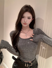 將圖片載入圖庫檢視器 JMA-1056实拍～碎闪星河时尚烫钻设计感长袖修身内搭T恤打底衫上衣女
