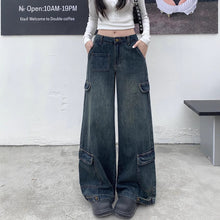 將圖片載入圖庫檢視器 JMA-1022 美式复古阔腿牛仔工装裤女春季新款水洗高腰宽松显瘦直筒拖地裤子JMA-1030
