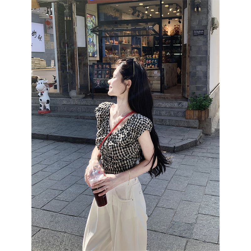 JMA-1047 实拍 法式黑白格子上衣小众V领衬衫女夏季设计感显瘦短款别致衬衣