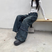 將圖片載入圖庫檢視器 JMA-1022 美式复古阔腿牛仔工装裤女春季新款水洗高腰宽松显瘦直筒拖地裤子JMA-1030
