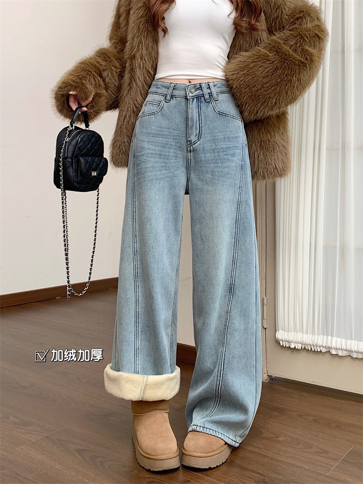 JMA-978 实拍 冬季韩系加绒加厚弯刀阔腿牛仔裤女高腰显瘦直筒拖地长裤