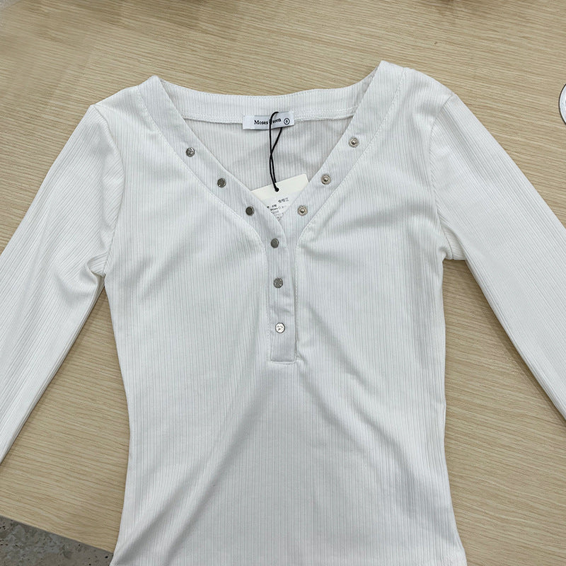 JMA-1020 实拍 春季韩系辣妹v领修身收腰针织长袖上衣女独特别致打底衫内搭