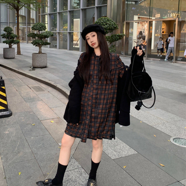 JMA-979 实拍 秋冬新款韩版长袖格子连衣裙女高级裙子+毛衣外套女套装